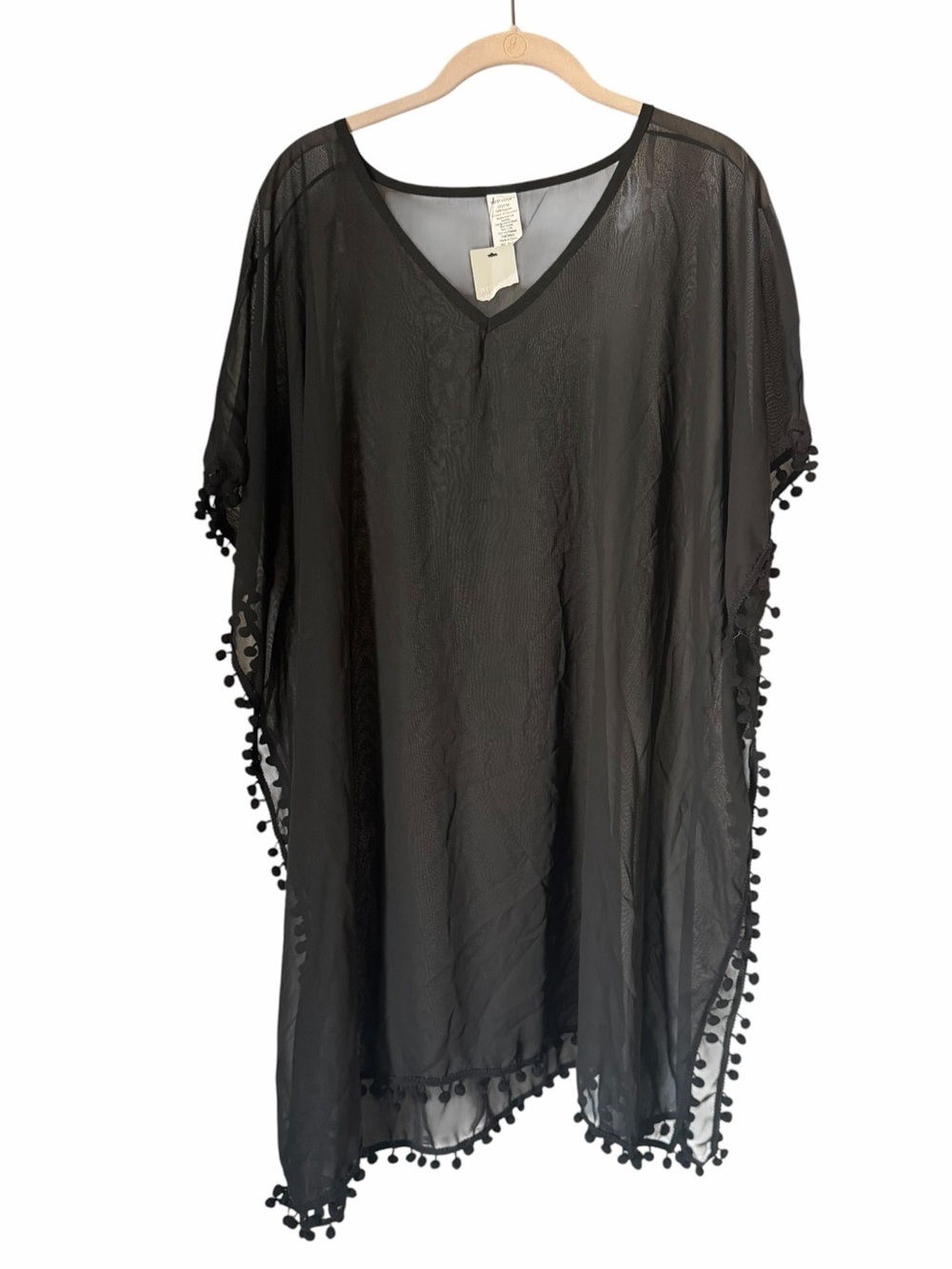 NWT Sheer Black Pom-Pom Swim Cover-Up Tunic Lightweight Chic Elegant Beach